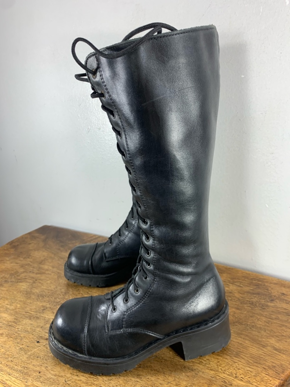 Vintage Black Leather Knee-High Combat Boots  Lace-Up & Side ZipMade in Canada
